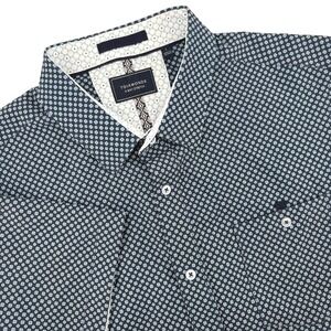 7Diamonds Mens Navy Geometric 4-Way Stretch Short Sleeve Button Down SMK-7446